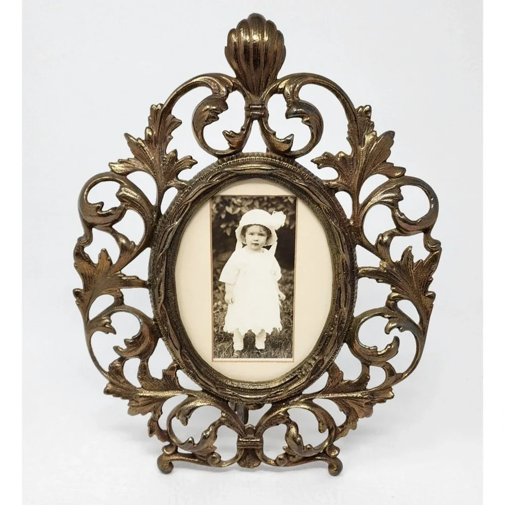 Antique Victorian Cast Metal Brass Oval Picture Frame Swing Easel Filigree 8x10